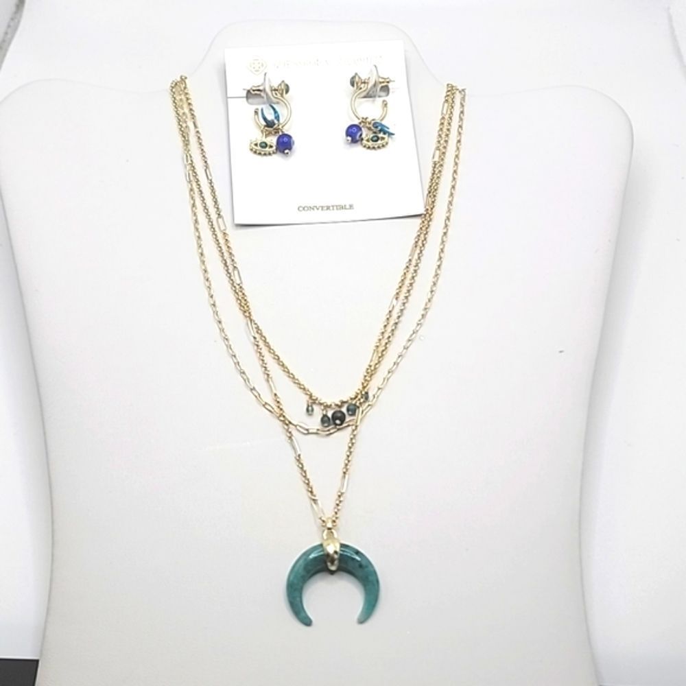 NWT KENDRA SCOTT GEMMA TEAL LABRADORITE 3 STRAND NECKLACE & HUGGIE EARRINGS SET
